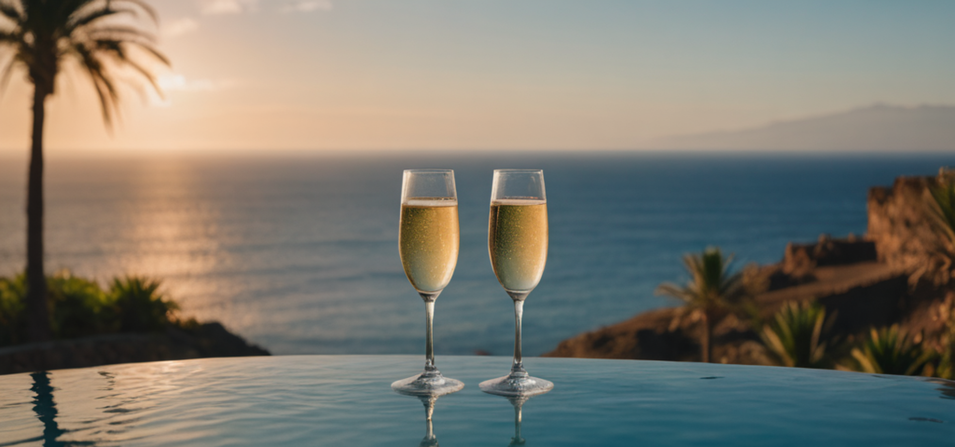 Vacation Rentals Tenerife Pool with Champagne Glasses Canary Sunset