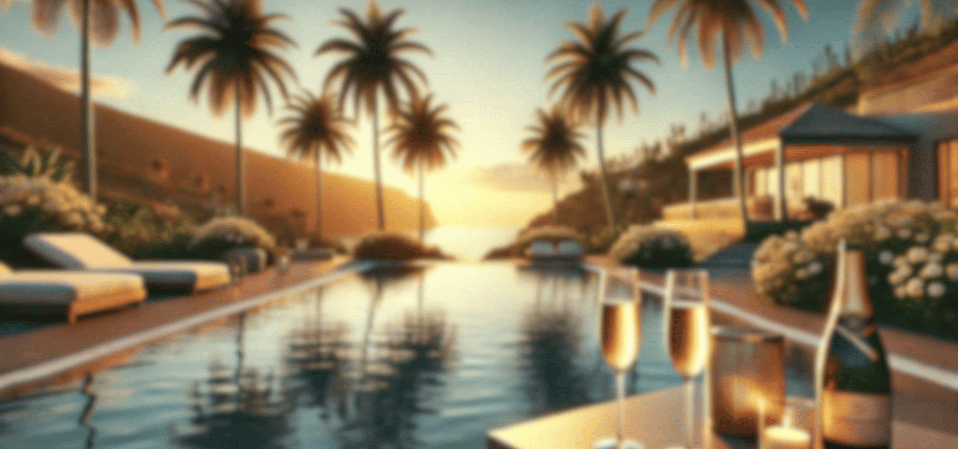 vacation real estate scene in southern Tenerife featuring a luxury villa pool with two champagne glasses
